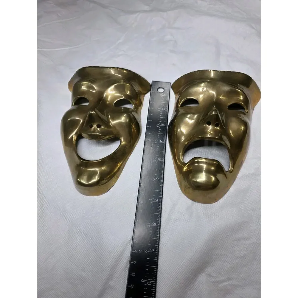 Vintage Solid Brass Wall Hanging Drama Theatre Style Face Masks Happy & Sad Pier